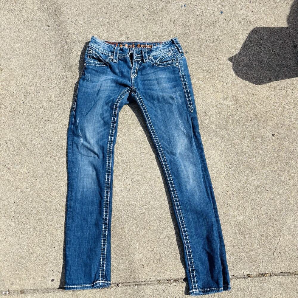 Rock Revival Straight Blue Denim Jeans Embroidered y2K Distressed Women's 28 - Picture 3 of 7